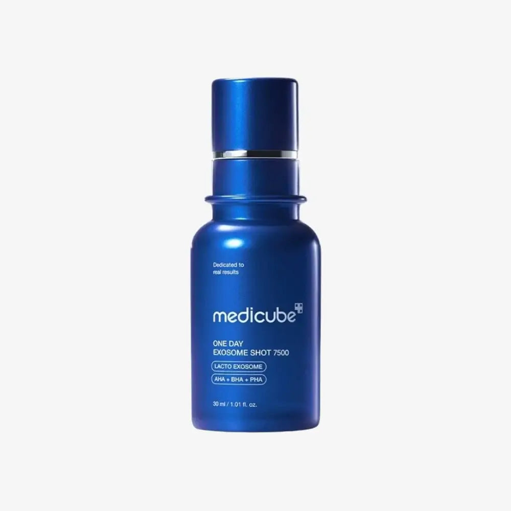 Medicube One Day Exosome Shot 7500 – An advanced skin-rejuvenating serum powered by Lacto Exosome technology, AHA, BHA, and PHA. Helps refine texture, boost elasticity, and enhance radiance for healthier, youthful-looking skin.